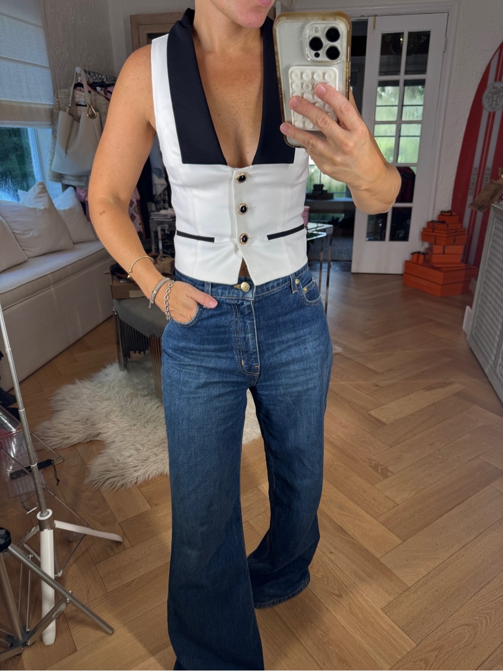 White and Black Contrast Waistcoat Top with Deep V-Neck - Women